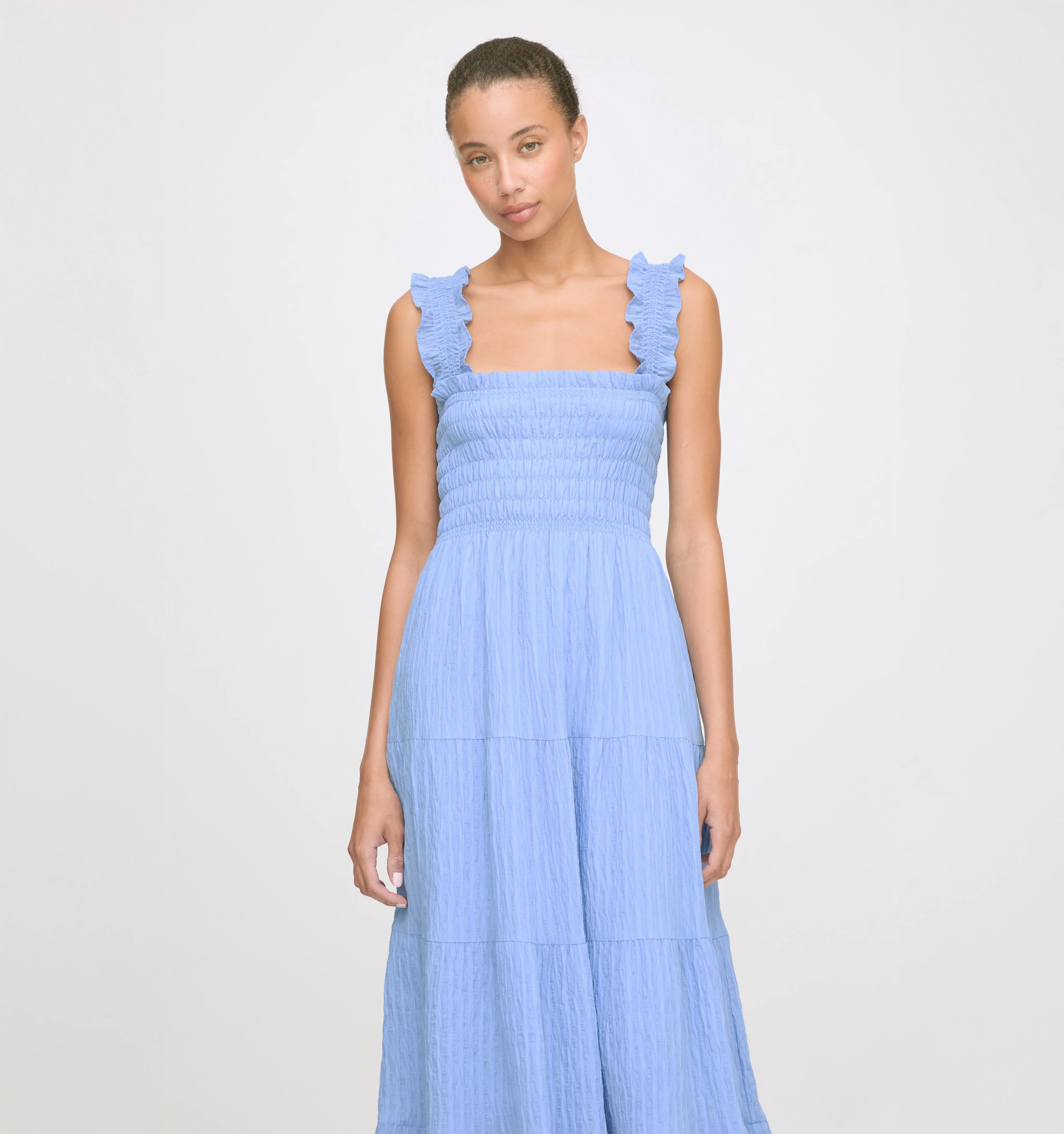 The Kimmy Maxi Nap Dress - Bluebird Tonal Seersucker