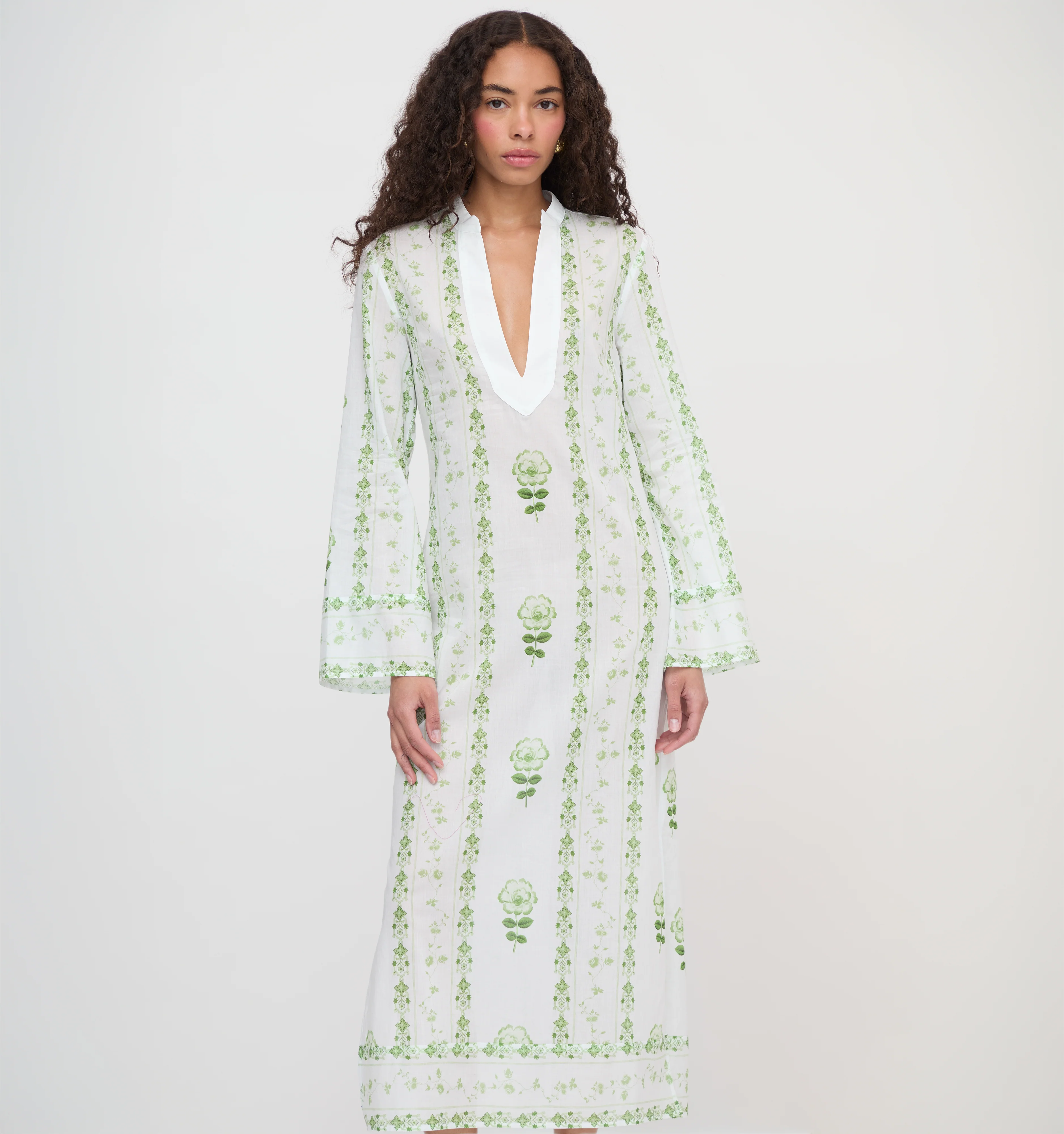 The Sorina Maxi Tunic - White/Green Arcadia Border